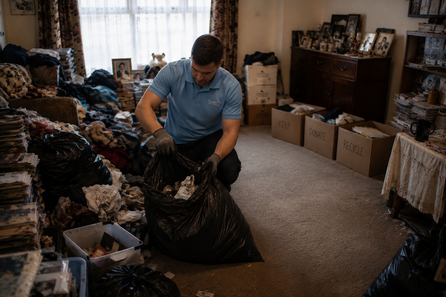 A Clarity Site Services specialist sorting belongings into Keep, Donate and Recycle boxes during a compassionate home intervention